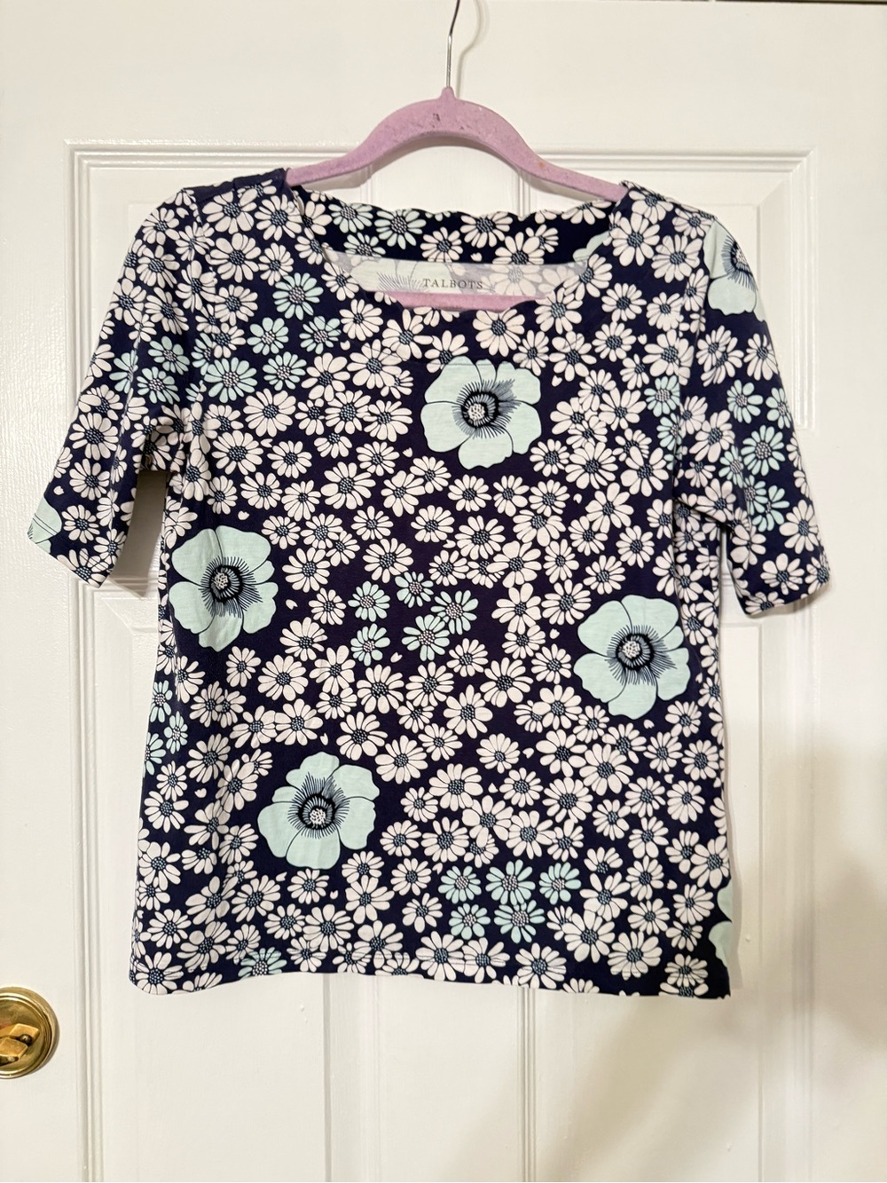 Talbots Navy Floral Short-Sleeve Top with Light Blue Accents 100% Pima Cotton